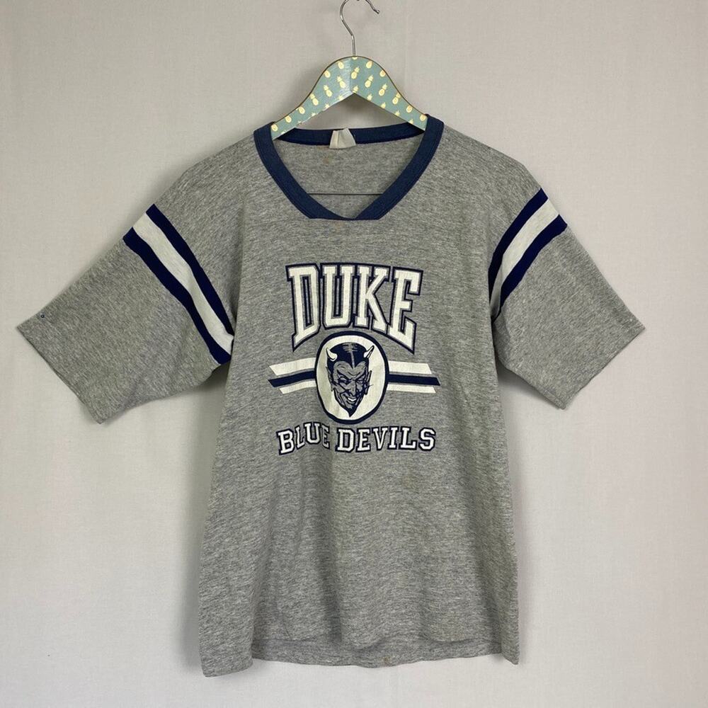 Vintage Duke‎ Blue Devils Ringer T Shirt Mens Medium Gray Distressed 90s